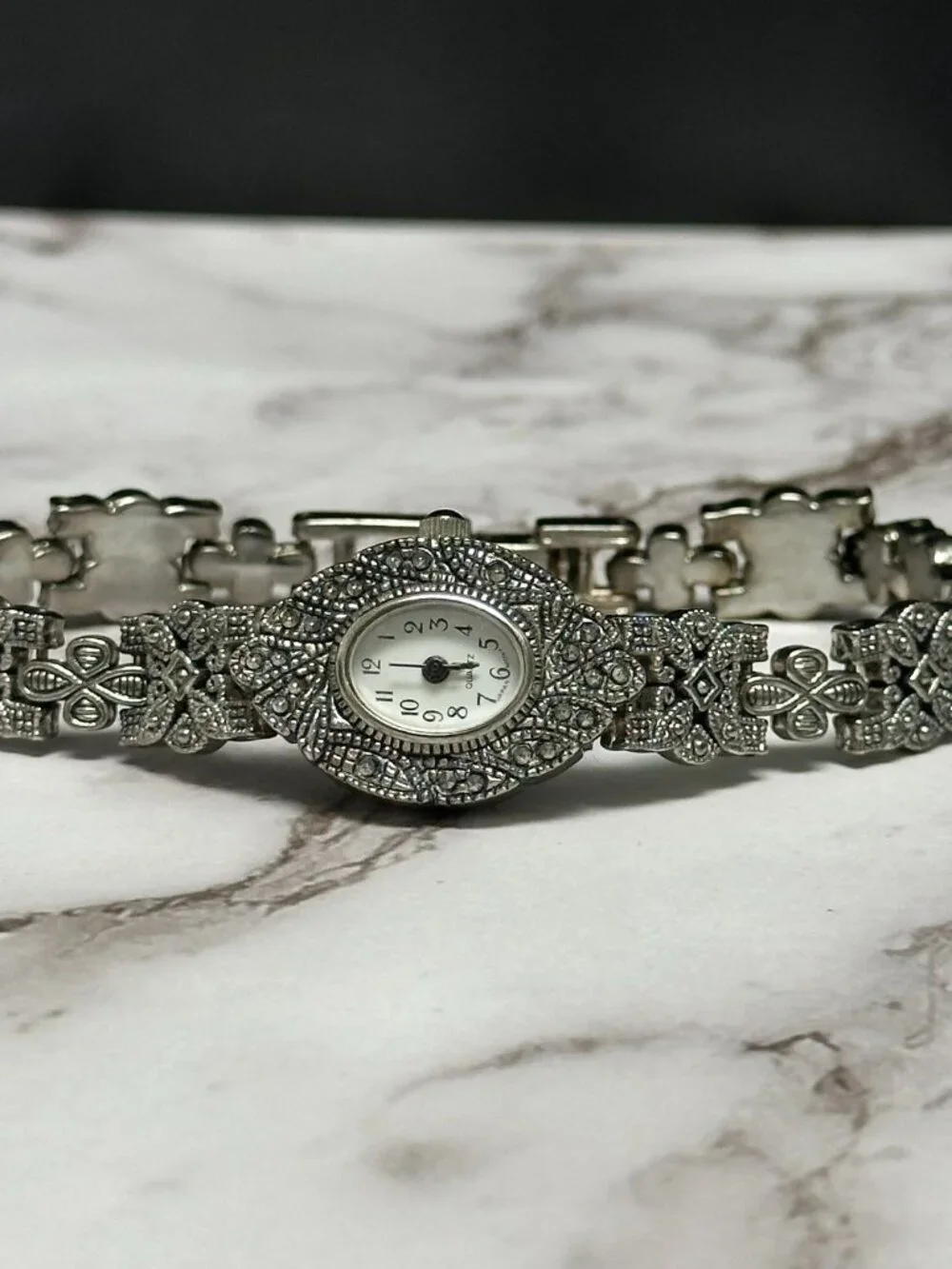 Marcasite Watch Silver Tone Oval Case Ornate Dressy New Battery 8 Inch